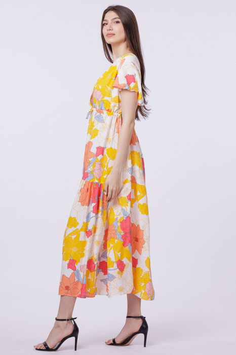 Rochie cu bust petrecut si imprimeu floral pe fond galben [2]