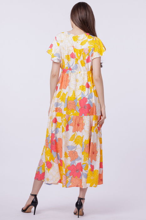 Rochie cu bust petrecut si imprimeu floral pe fond galben [3]
