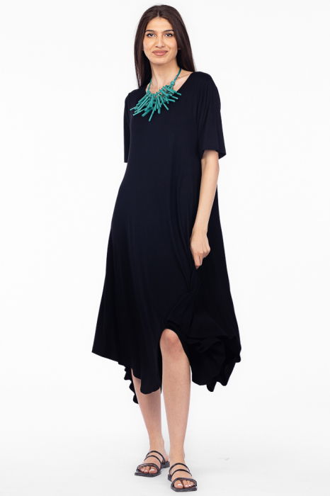 Rochie cu colturi rotunjite, din tricot de vascoza, neagra [2]