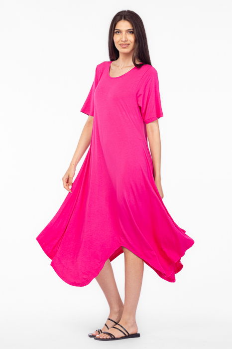 Rochie cu colturi rotunjite, din tricot de vascoza, fucsia