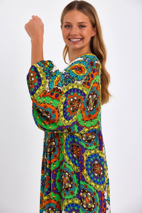 Rochie cu imprimeu mandale si maneci bufante, din vascoza, cu portocaliu [8]