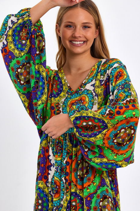 Rochie cu imprimeu mandale si maneci bufante, din vascoza, cu portocaliu [7]