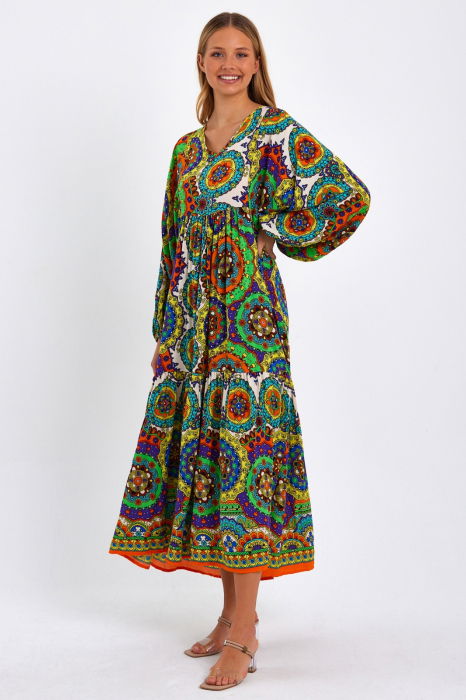 Rochie cu imprimeu mandale si maneci bufante, din vascoza, cu portocaliu [2]