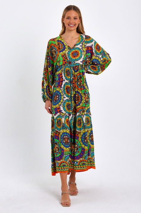 Rochie cu imprimeu mandale si maneci bufante, din vascoza, cu portocaliu [3]