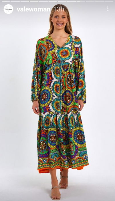 Rochie cu imprimeu mandale si maneci bufante, din vascoza, cu portocaliu [6]