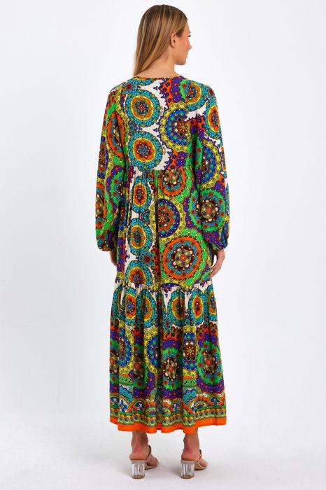 Rochie cu imprimeu mandale si maneci bufante, din vascoza, cu portocaliu [9]