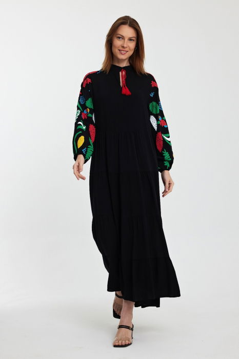 Rochie neagra cu imprimeu cauciucat cu papagali si maneci bufante, din vascoz [3]