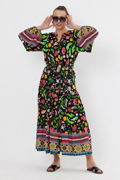 Rochie cu imprimeu marin pe fond negru, din vascoza [2]