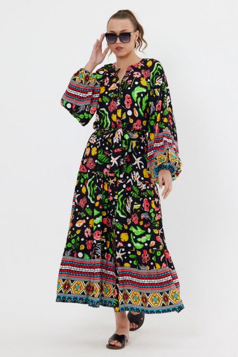 Rochie cu imprimeu marin pe fond negru, din vascoza [3]