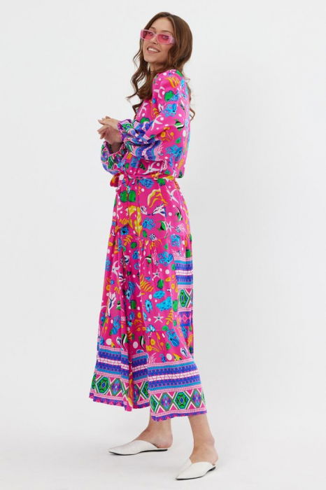 Rochie cu imprimeu marin pe fond fucsia, din vascoza [9]