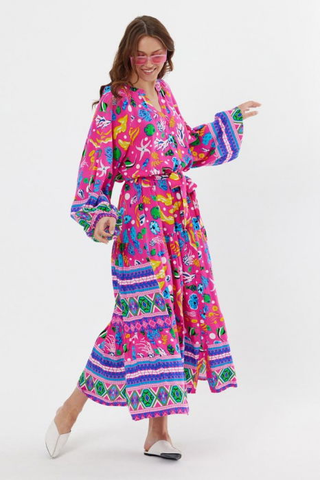 Rochie cu imprimeu marin pe fond fucsia, din vascoza [6]