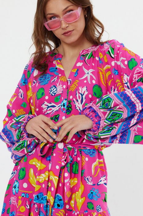 Rochie cu imprimeu marin pe fond fucsia, din vascoza [11]