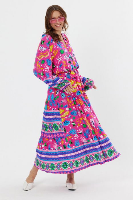 Rochie cu imprimeu marin pe fond fucsia, din vascoza [2]