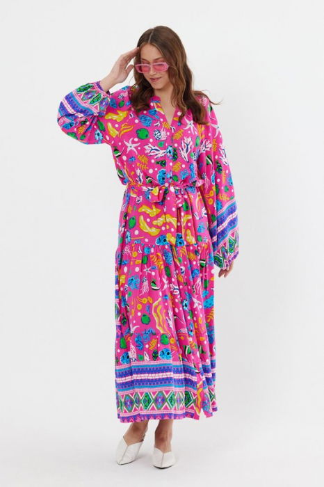 Rochie cu imprimeu marin pe fond fucsia, din vascoza [5]