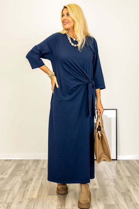 Rochie cu nod intr-o parte, din jerseu de bumbac bleumarin