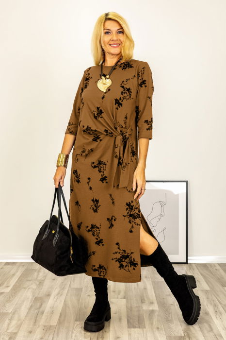 Rochie cu nod intr-o parte imprimata cu flori embosate si catifelate, din jerseu de bumbac camel [2]