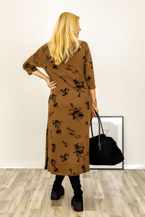 Rochie cu nod intr-o parte imprimata cu flori embosate si catifelate, din jerseu de bumbac camel [3]