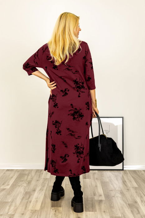 Rochie cu nod intr-o parte imprimata cu flori embosate si catifelate, din jerseu de bumbac bordo [3]