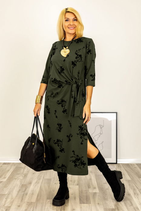 Rochie cu nod intr-o parte imprimata cu flori embosate si catifelate, din jerseu de bumbac kaki [2]