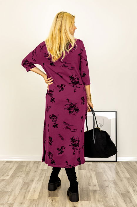 Rochie cu nod intr-o parte imprimata cu flori embosate si catifelate, din jerseu de bumbac magenta [3]