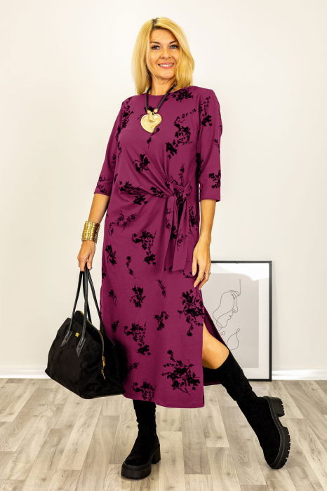 Rochie cu nod intr-o parte imprimata cu flori embosate si catifelate, din jerseu de bumbac magenta [2]