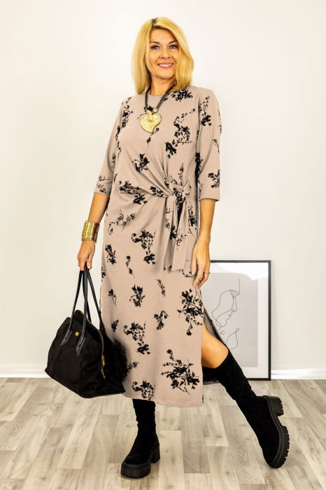 Rochie cu nod intr-o parte imprimata cu flori embosate si catifelate, din jerseu de bumbac bej [2]
