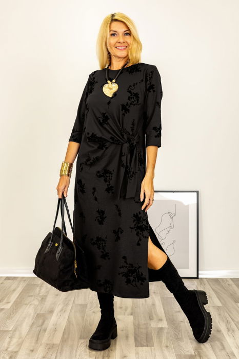 Rochie cu nod intr-o parte imprimata cu flori embosate si catifelate, din jerseu de bumbac negru [2]