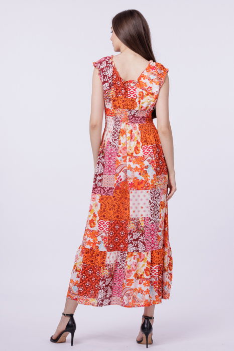 Rochie cu talia evidentiata si bust petrecut, imprimeu floral portocaliu [3]