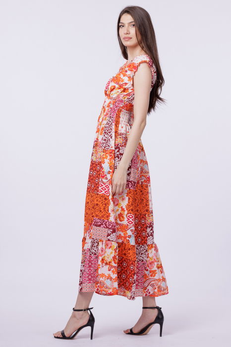 Rochie cu talia evidentiata si bust petrecut, imprimeu floral portocaliu [2]