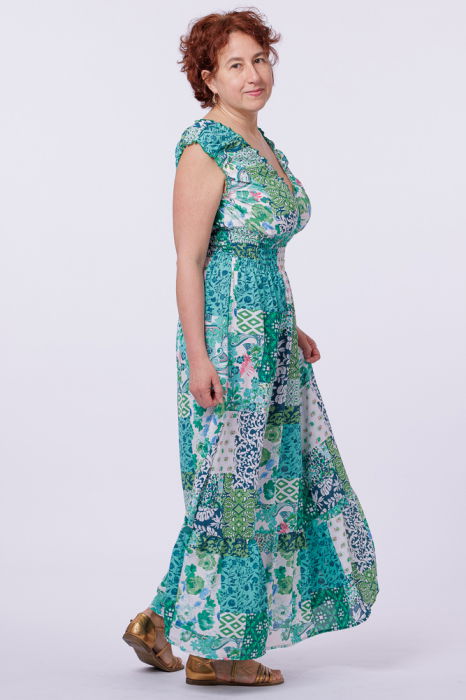 Rochie cu talia evidentiata si bust petrecut, imprimeu floral verde [2]