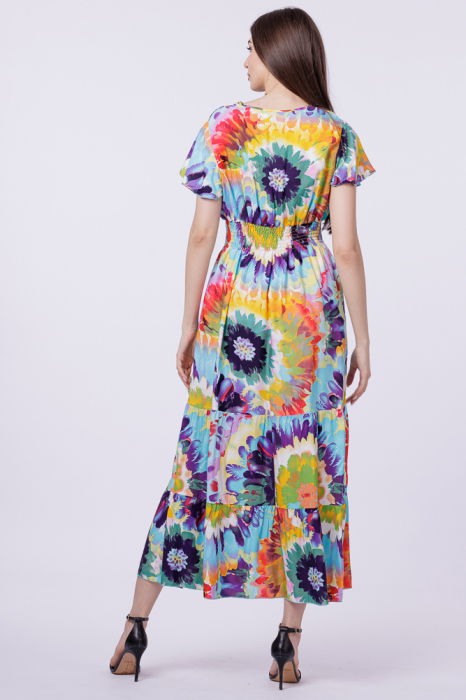 Rochie cu talia evidentiata si bust petrecut, imprimeu floral predominant turcoaz [3]