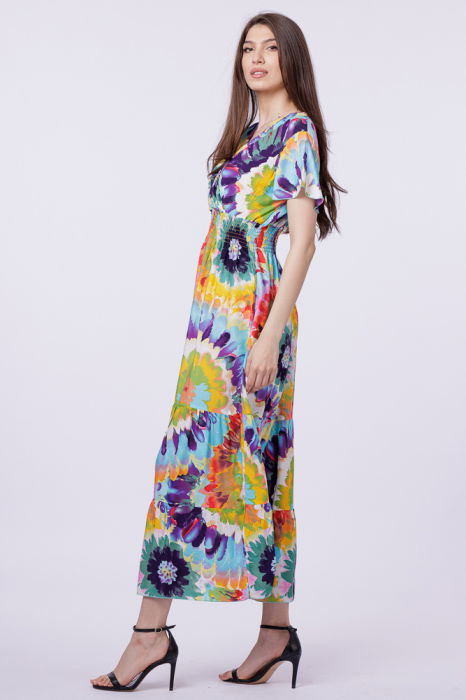 Rochie cu talia evidentiata si bust petrecut, imprimeu floral predominant turcoaz [2]