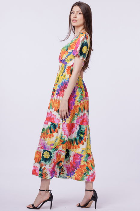 Rochie cu talia evidentiata si bust petrecut, imprimeu floral predominant verde-portocaliu [2]