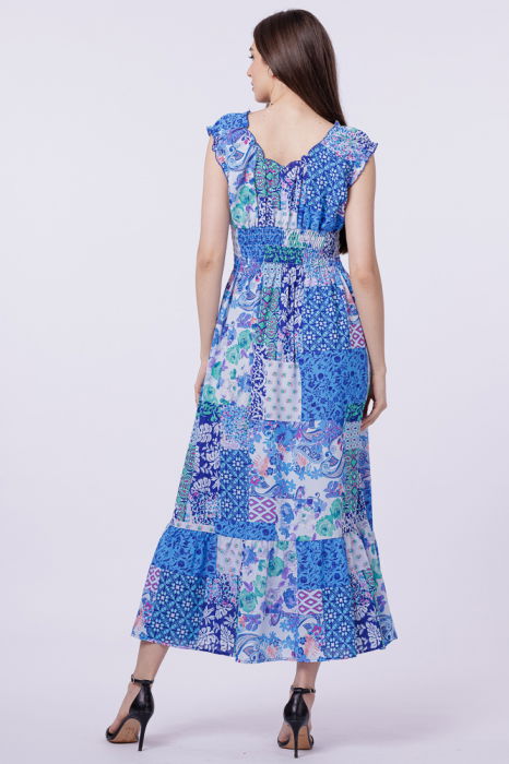 Rochie cu talia evidentiata si bust petrecut, imprimeu floral albastru [3]