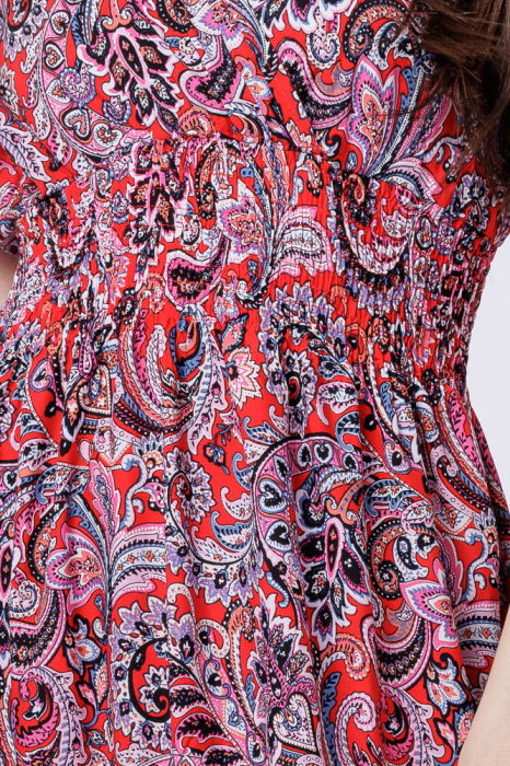 Rochie cu talia evidentiata si bust petrecut, imprimeu paisley pe fond rosu [4]