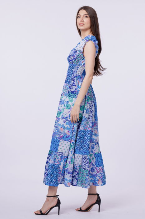 Rochie cu talia evidentiata si bust petrecut, imprimeu floral albastru [2]