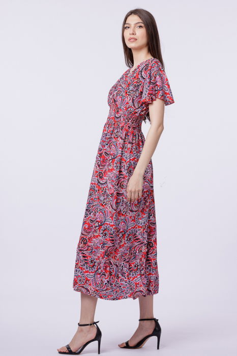 Rochie cu talia evidentiata si bust petrecut, imprimeu paisley pe fond rosu [2]