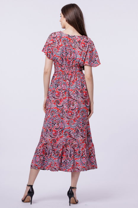 Rochie cu talia evidentiata si bust petrecut, imprimeu paisley pe fond rosu [3]