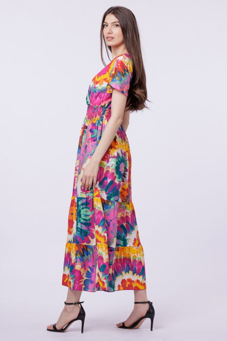 Rochie cu talia evidentiata si bust petrecut, imprimeu floral predominant fucsia [2]