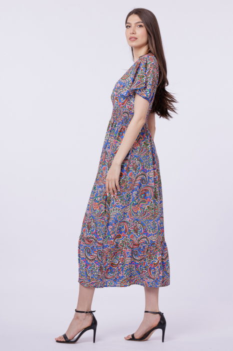 Rochie cu talia evidentiata si bust petrecut, imprimeu paisley pe fond albastru [2]