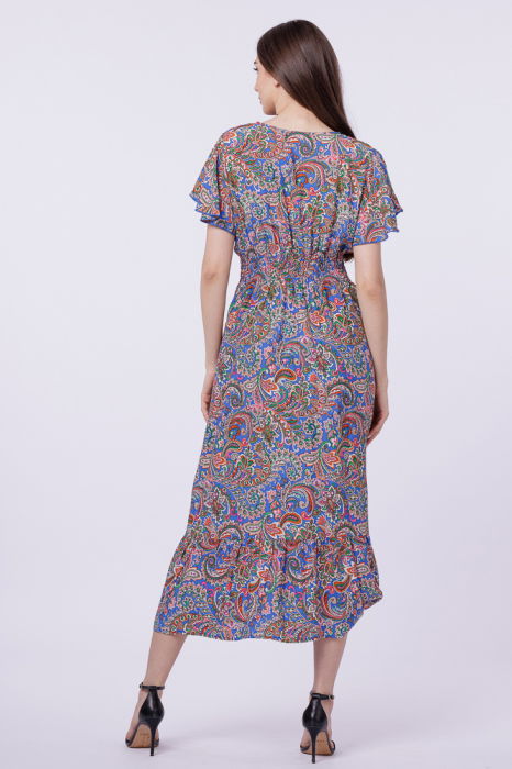 Rochie cu talia evidentiata si bust petrecut, imprimeu paisley pe fond albastru [3]
