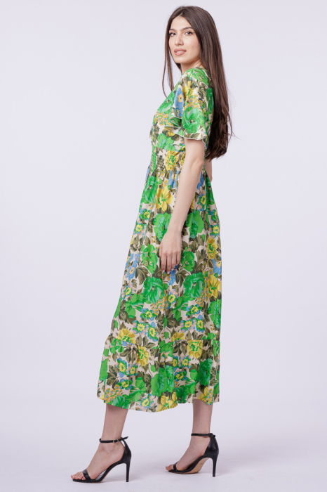 Rochie cu talia evidentiata si bust petrecut si imprimeu cu flori verzi [2]