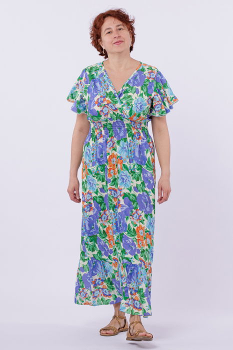 Rochie cu talia evidentiata si bust petrecut si imprimeu cu flori albastre-portocalii [2]
