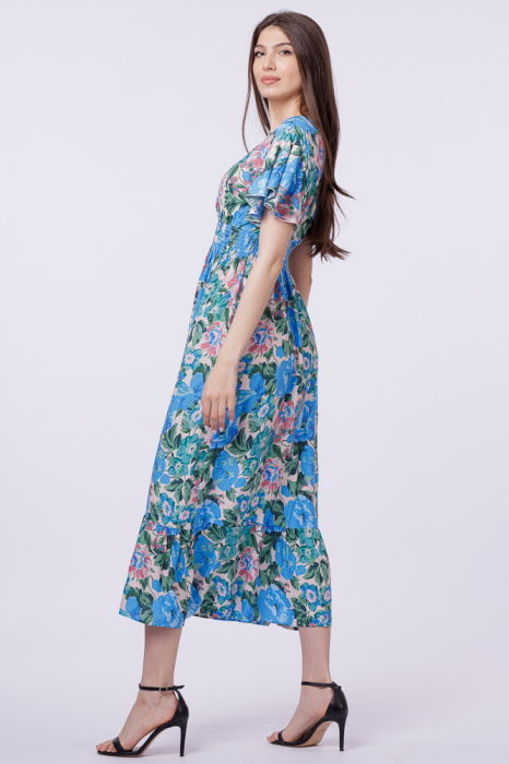 Rochie cu talia evidentiata si bust petrecut si imprimeu cu flori albastre-roz [3]