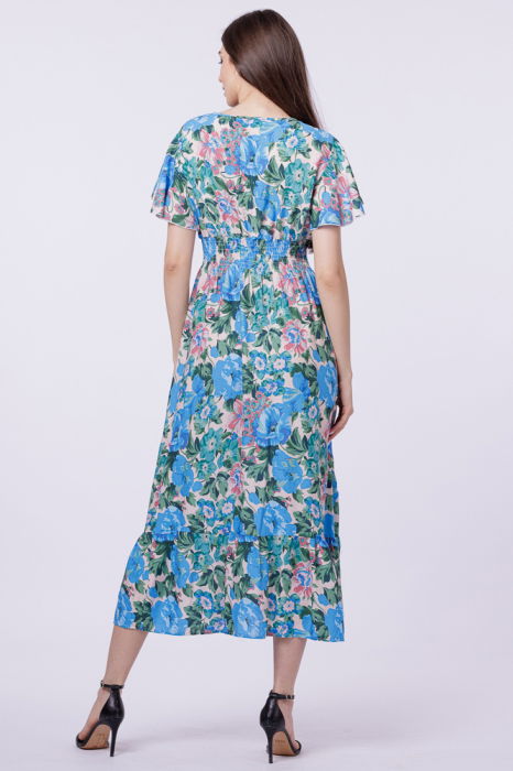Rochie cu talia evidentiata si bust petrecut si imprimeu cu flori albastre-roz [4]