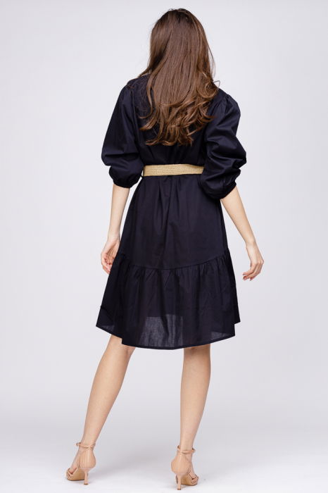 Rochie cu volan din poplin de bumbac cu curea elastica, neagra [4]