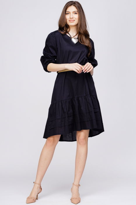 Rochie cu volan din poplin de bumbac cu curea elastica, neagra [2]