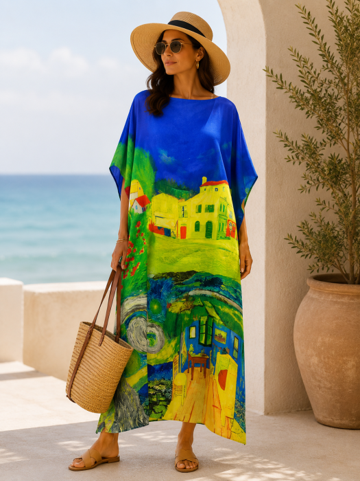 Rochie de plaja lunga tip poncho din matase cu casute pe fond albastru si verde