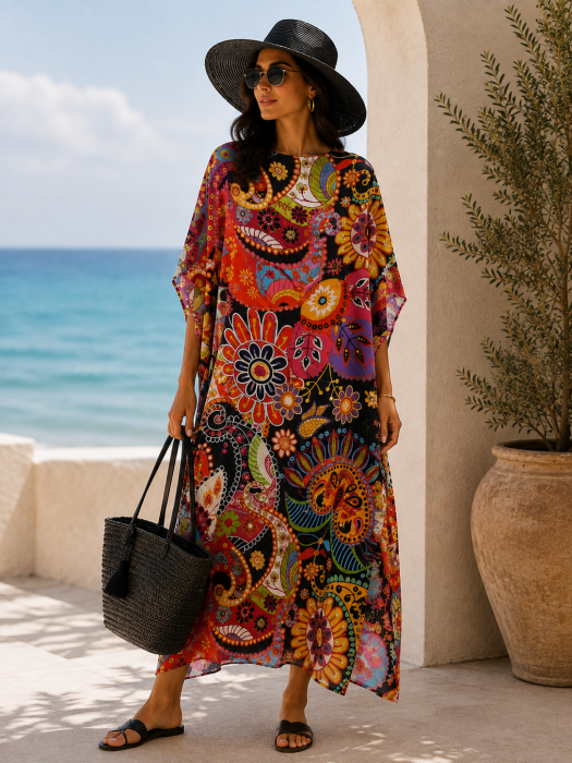 Rochie de plaja lunga tip poncho din matase cu flori multicolore pe fond bleumarin inchis