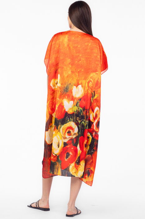 Rochie de plaja lunga tip poncho din matase cu imprimeu floral pe fond portocaliu [5]